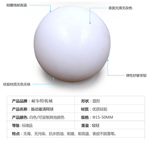 硅膠球常用規(guī)格Φ8、Φ12、Φ15、Φ16、Φ18、Φ20、Φ25、Φ28、Φ30、Φ33、Φ35、Φ40、Φ43、Φ45、Φ50mm、Φ55、Φ60、Φ65、Φ70、Φ72、Φ80、Φ100mm 